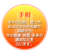 手相-手や爪の形、色つやおよび手の平の皺や指紋から今の健康･体質･未来の運命などを占います。