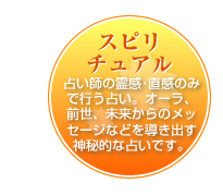 スピリチュアル-占い師の霊感･直感のみで行う占い。オーラ、前世、未来からのメッセージなどを導き出す神秘的な占いです。
